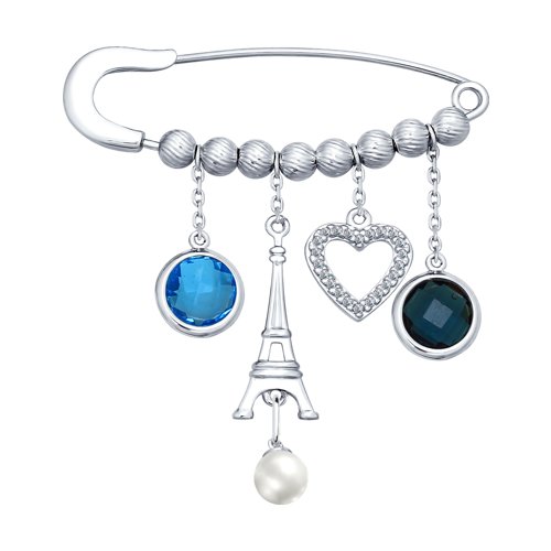 Брошь из серебра с жемчугом (имит.) и стекло