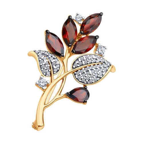 брошь из золочёного серебра с гранатами и фианитами