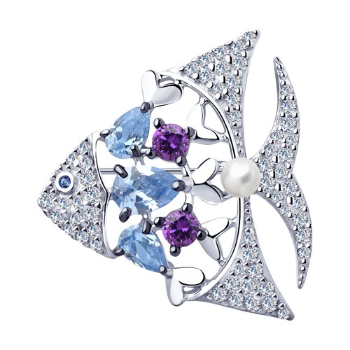Брошь из серебра с жемчугом (имит.) и фианитами